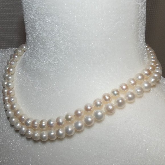 Double Strand Cultured Pearls With Silver Finesse Clasp, Good Luster 5 mm pearls - Picture 4 of 9
